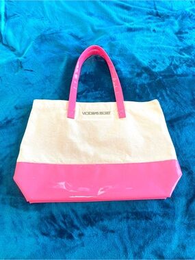 Victoria's Secret Cream Canvas Tote with Hot Pink Patent Trim